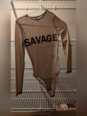 Sheer 'SAVAGE' Long Sleeve Nude Bodysuit Size XS